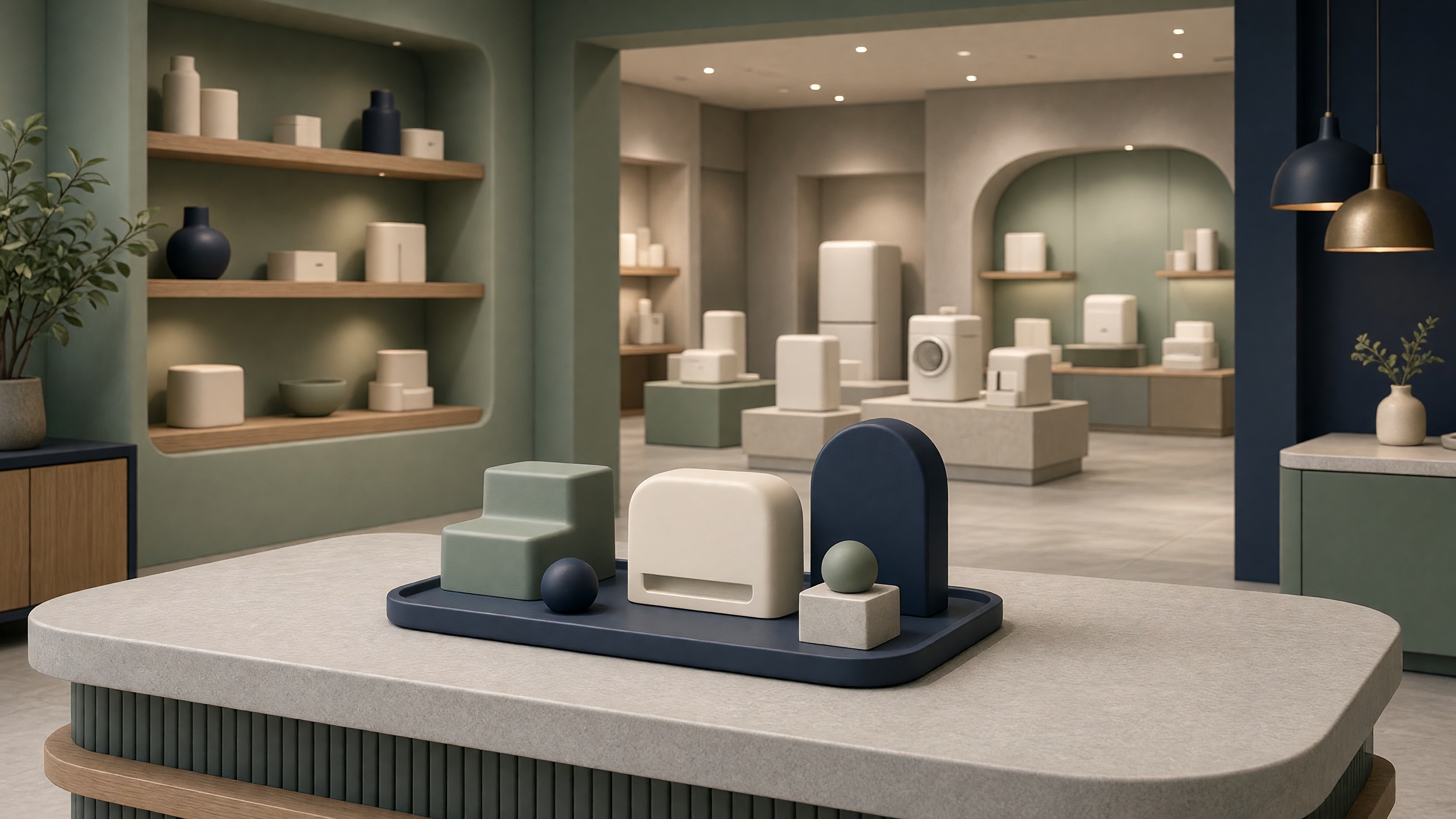 AI-generated article cover: Synthetic boutique appliance showroom with abstract geometric forms on a counter tray and simplified unbranded displays under soft commercial lighting.