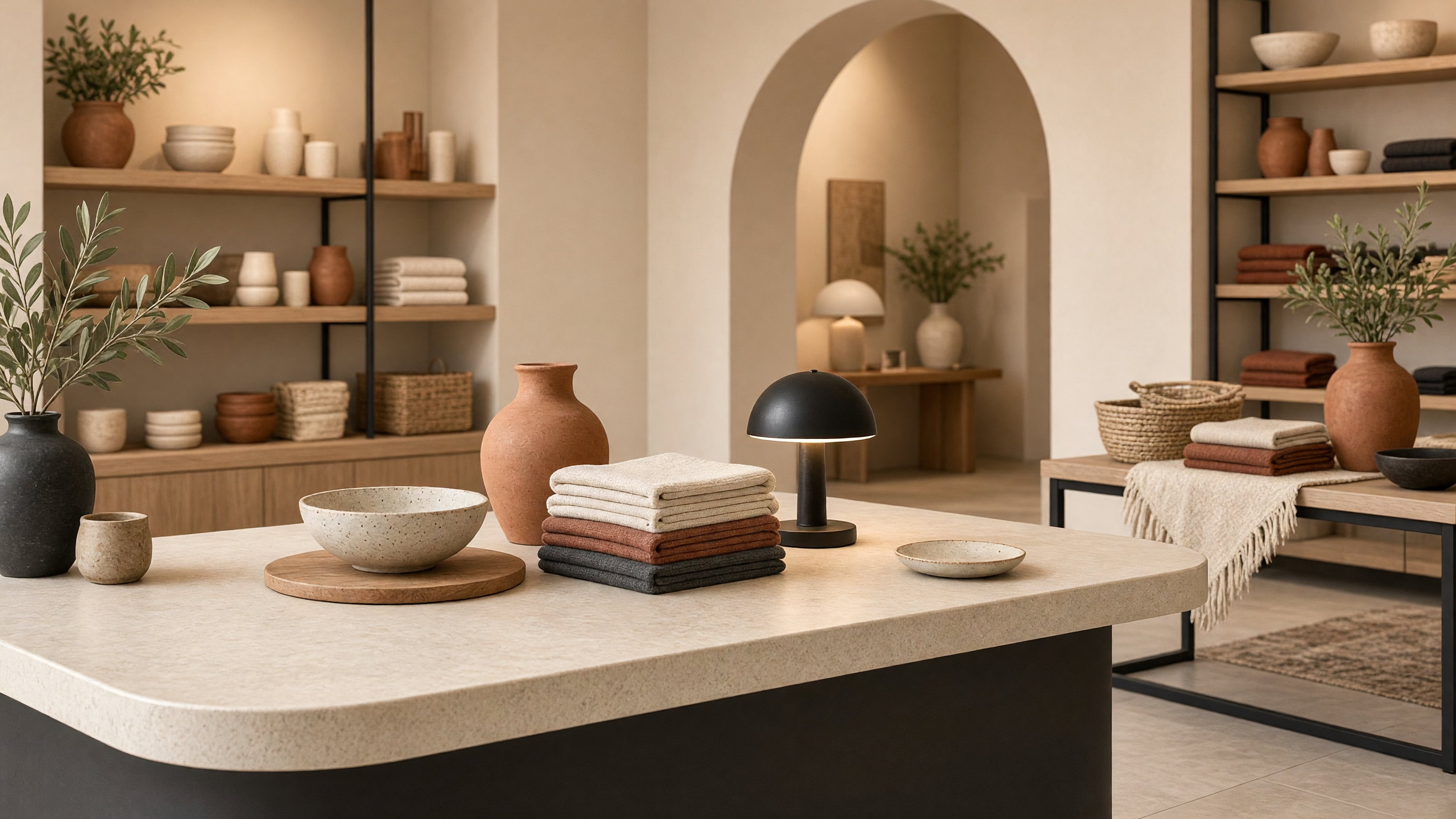 AI-generated article cover: Synthetic boutique still life with ceramics, folded textiles, a black lamp, and shelving across a cream counter in warm neutral tones.