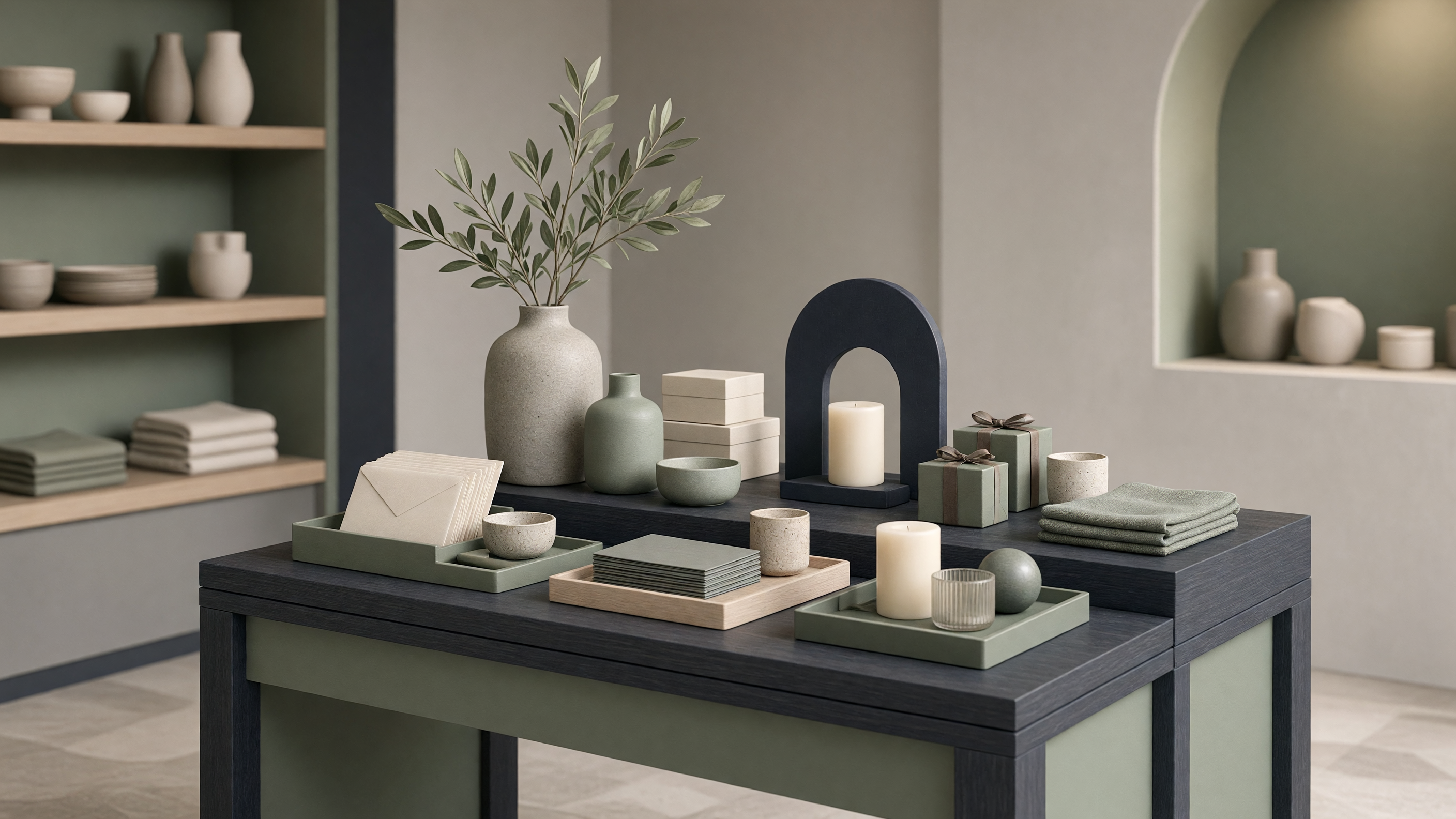 AI-generated article cover: Synthetic editorial still life of unbranded ceramics, candles, boxes, and linens on a dark display table in a sage-toned boutique interior.