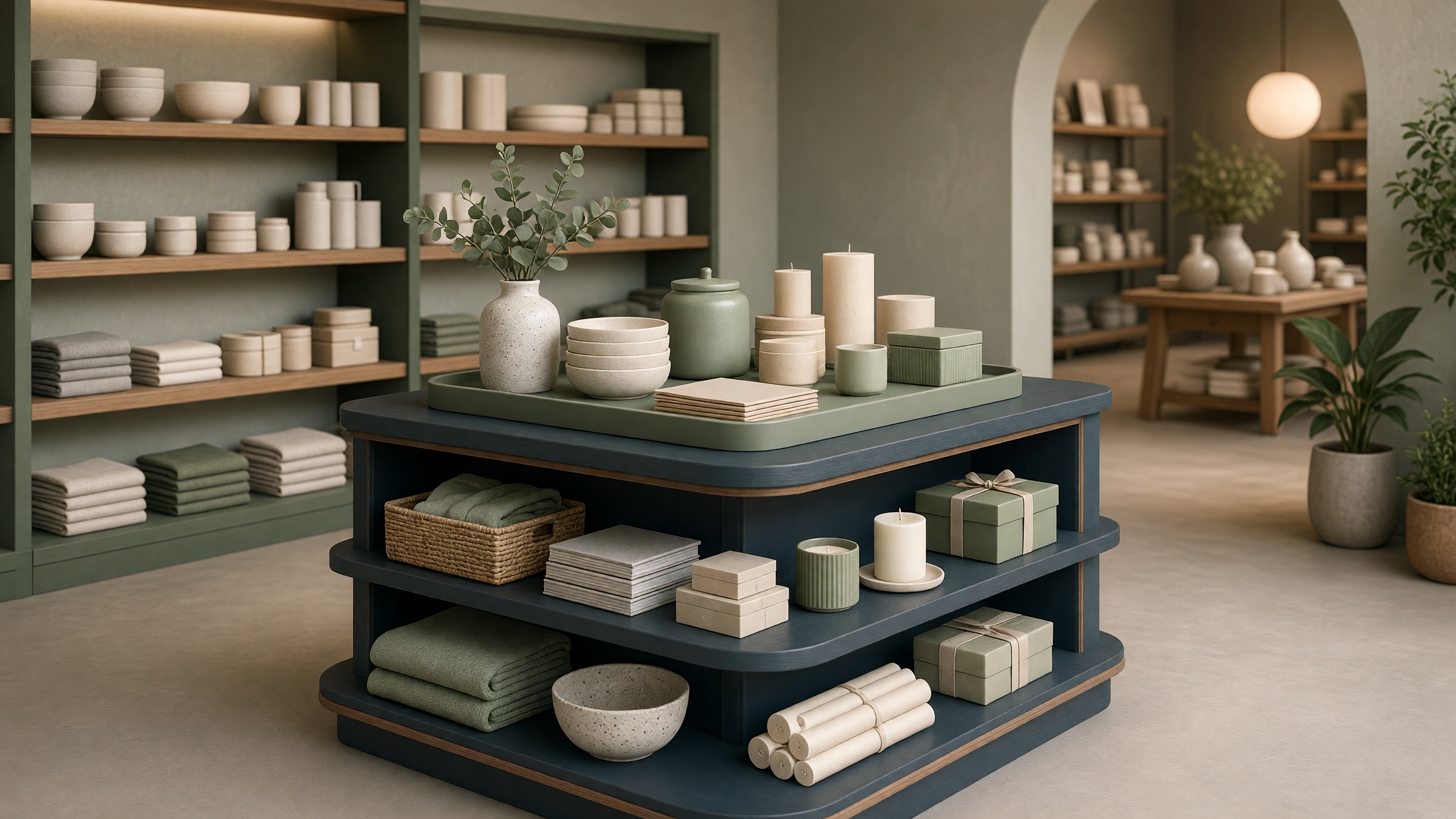 AI-generated article cover: Synthetic boutique interior with a navy multi-tier display of unbranded ceramics, candles, towels, and gift boxes amid green shelving and plants.
