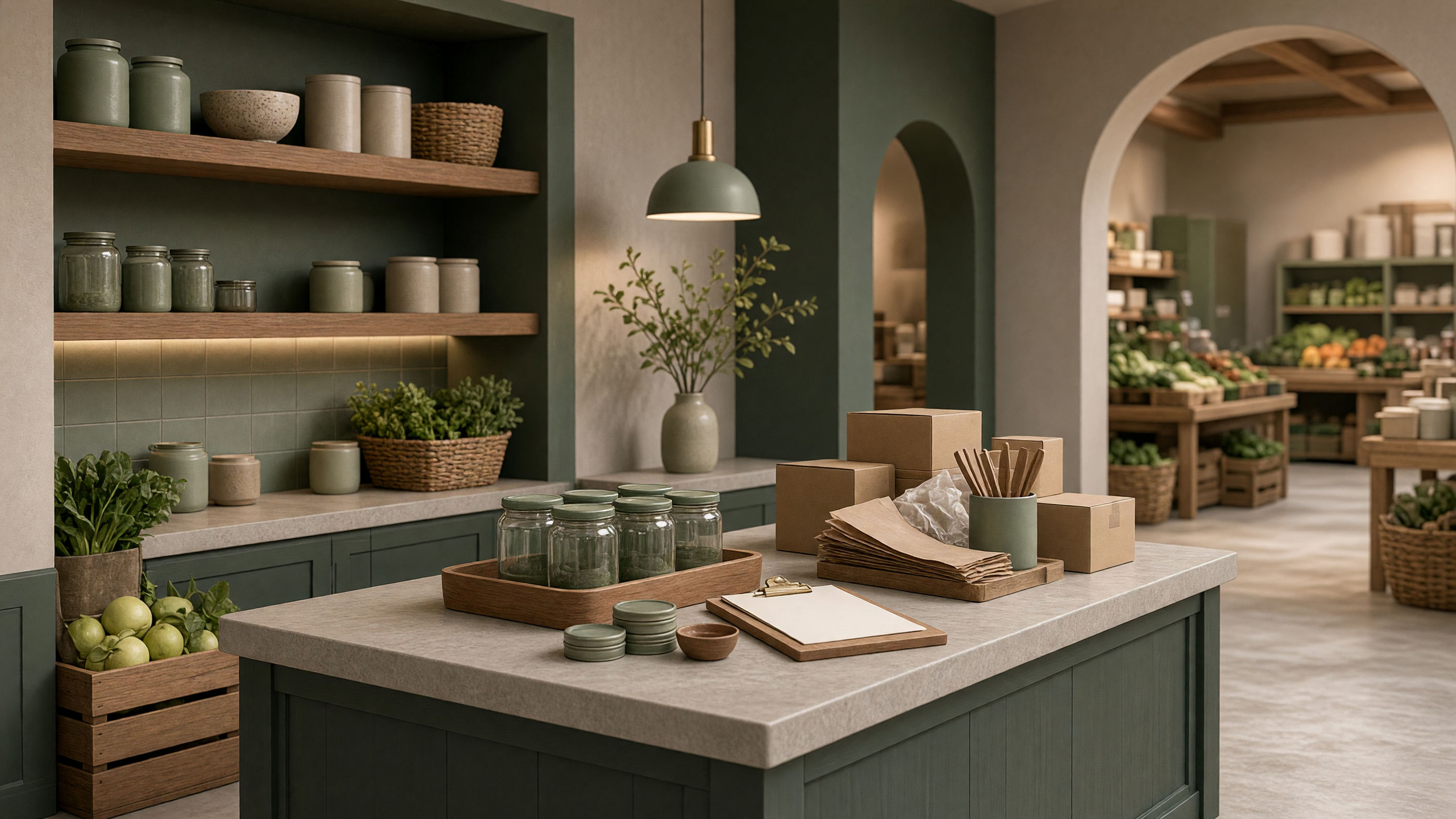 AI-generated article cover: Synthetic boutique grocer stock counter with plain jars, cardboard boxes, paper bags, produce crates, and empty clipboard under soft editorial lighting.