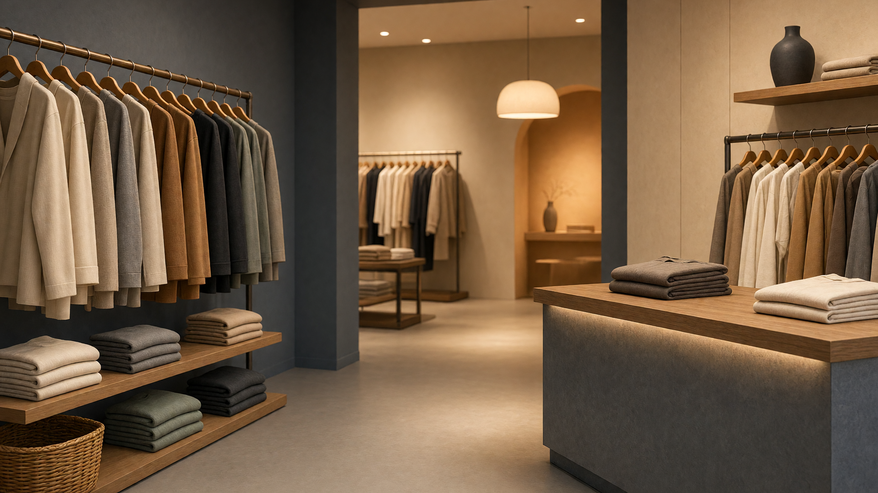 AI-generated article cover: Wide synthetic boutique interior with unbranded garments on racks and shelves, folded stacks, and a plain wooden counter under warm editorial lighting.