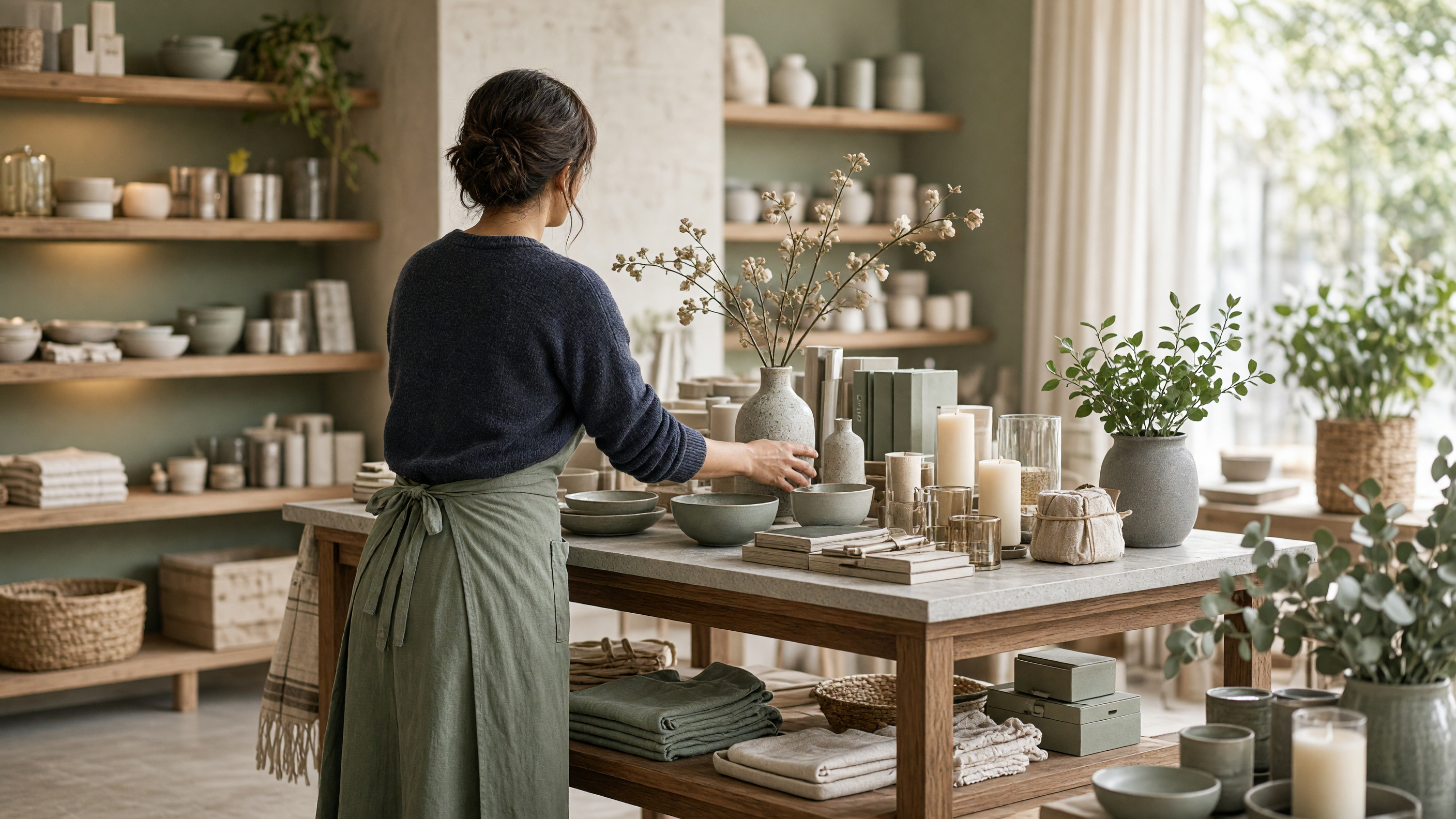 AI-generated article cover: Adult from behind arranges unbranded ceramics, candles, and gifts on a wooden table in an airy boutique with sage shelves.
