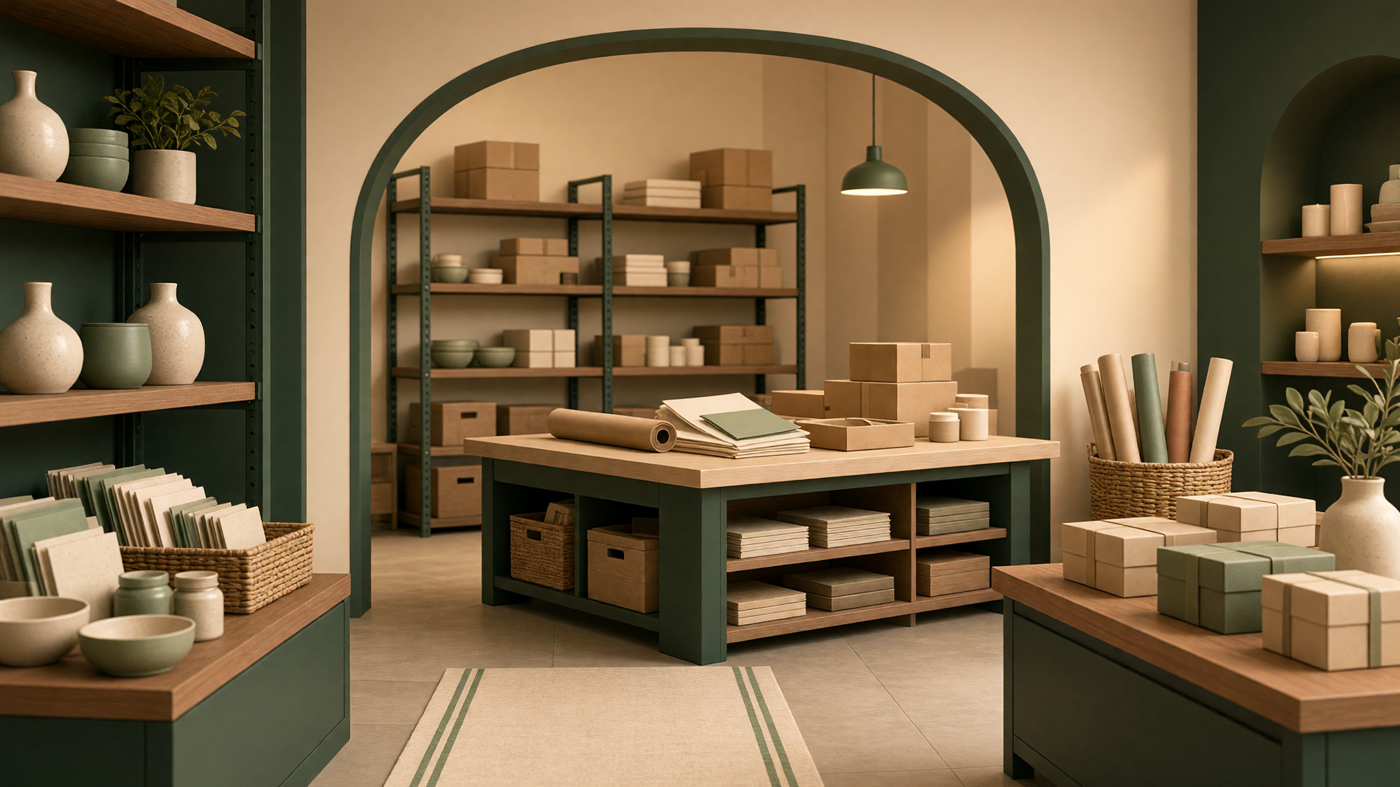 AI-generated article cover: Stylized empty boutique stock aisle with green fixtures, ceramics, plain gift boxes, packing table, and storage shelves under warm lighting.