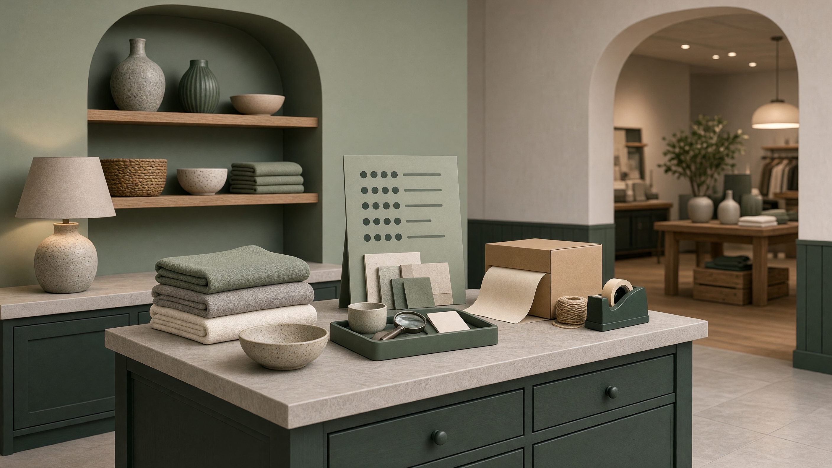 AI-generated article cover: Synthetic boutique interior still life with folded textiles, ceramics, packing box, tape, and sample board on a dark green counter under sage walls.