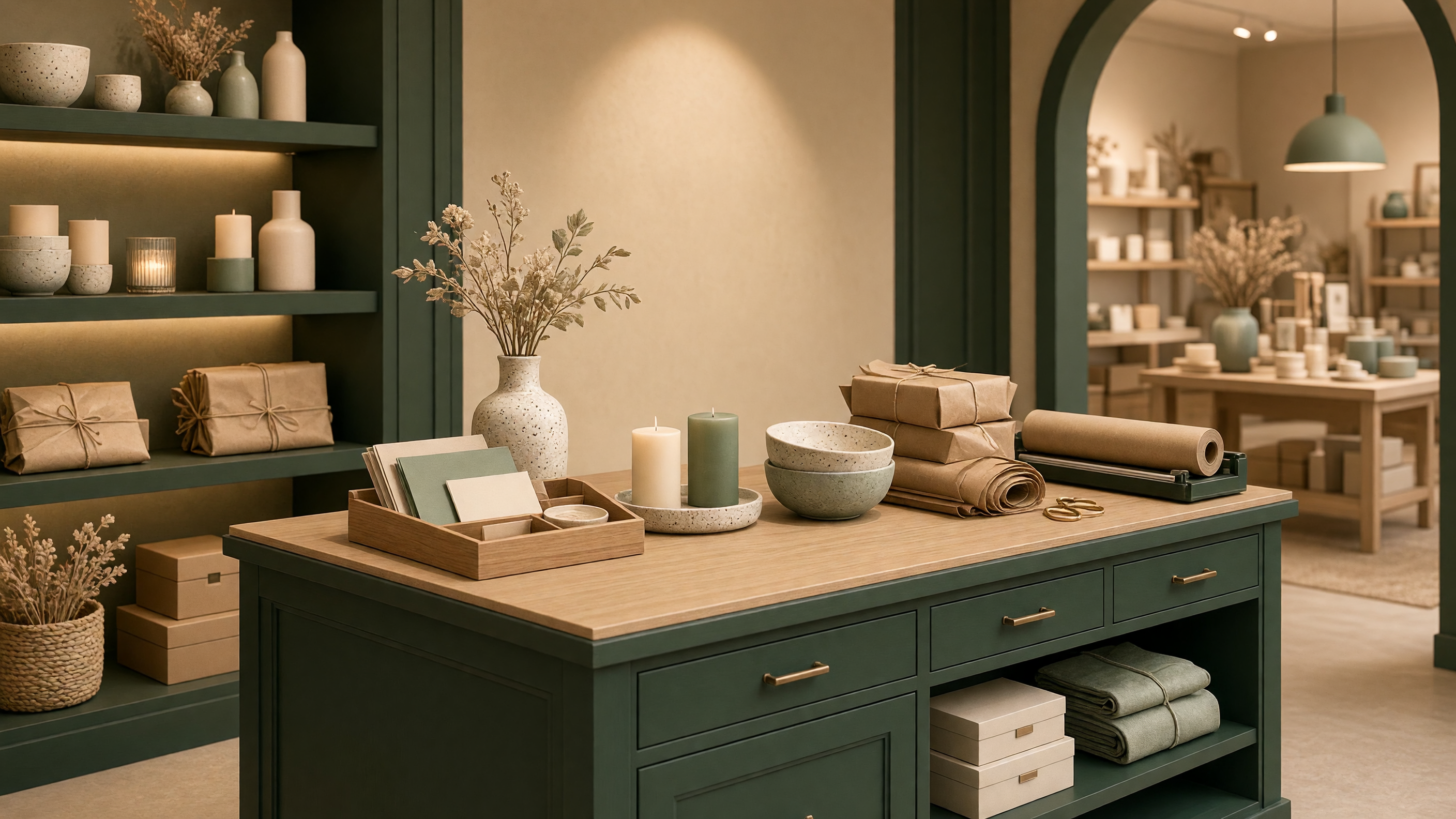 AI-generated article cover: Tidy boutique packing counter with unbranded ceramics, candles, stationery, brown-wrapped parcels and green cabinetry in a gift shop.