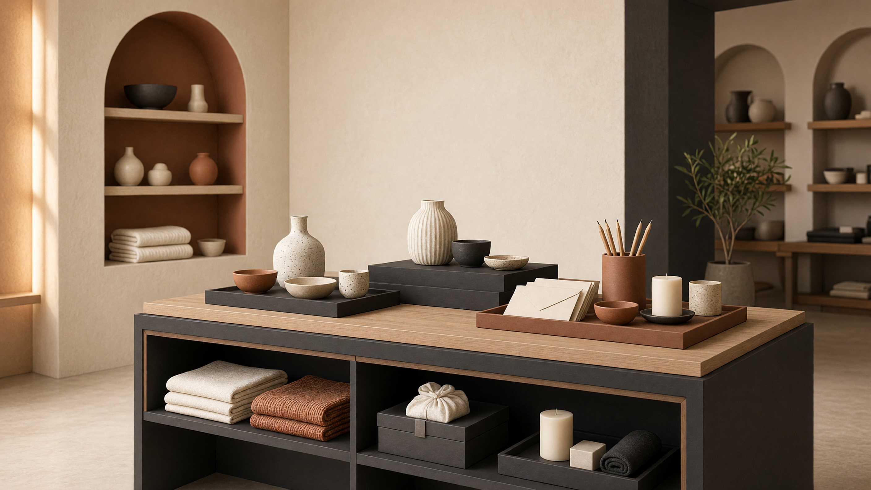 AI-generated article cover: Synthetic boutique still life of unbranded ceramics, candles, towels, and stationery on a wooden display island with niche shelves and a plant.