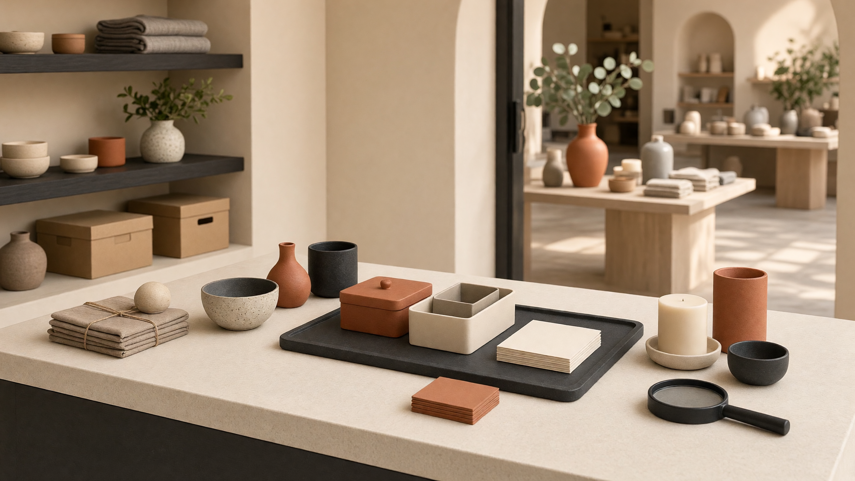 AI-generated article cover: Synthetic boutique still life of unbranded ceramics, candles, folded cloths, and plain boxes on a cream counter with a shop interior beyond.
