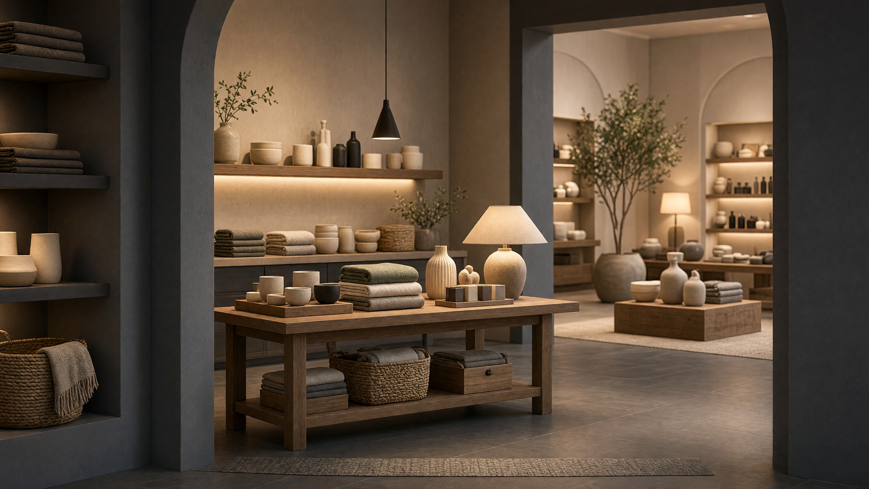 AI-generated article cover: Synthetic editorial view through arched doorways into a tidy boutique with wooden tables, shelves of generic ceramics, folded textiles, lamps, and baskets under warm lighting.