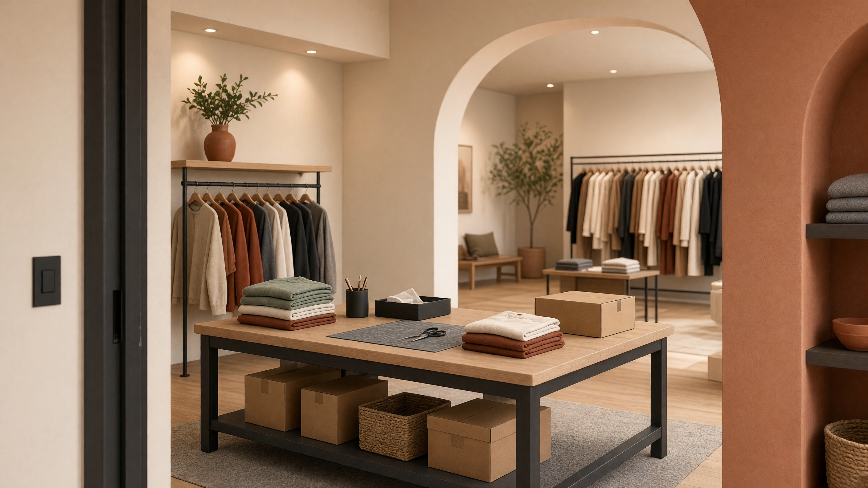 AI-generated article cover: Wide synthetic editorial view of an empty boutique packing table with folded unbranded garments, plain boxes, and racks through cream arches.