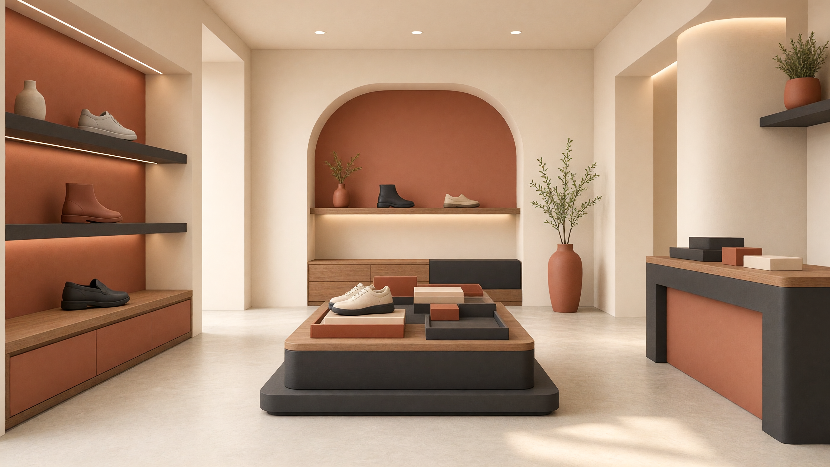 AI-generated article cover: Empty airy footwear boutique with generic unbranded shoes on shelves and a central display table, terracotta and cream tones, checkout counter, no people or text.