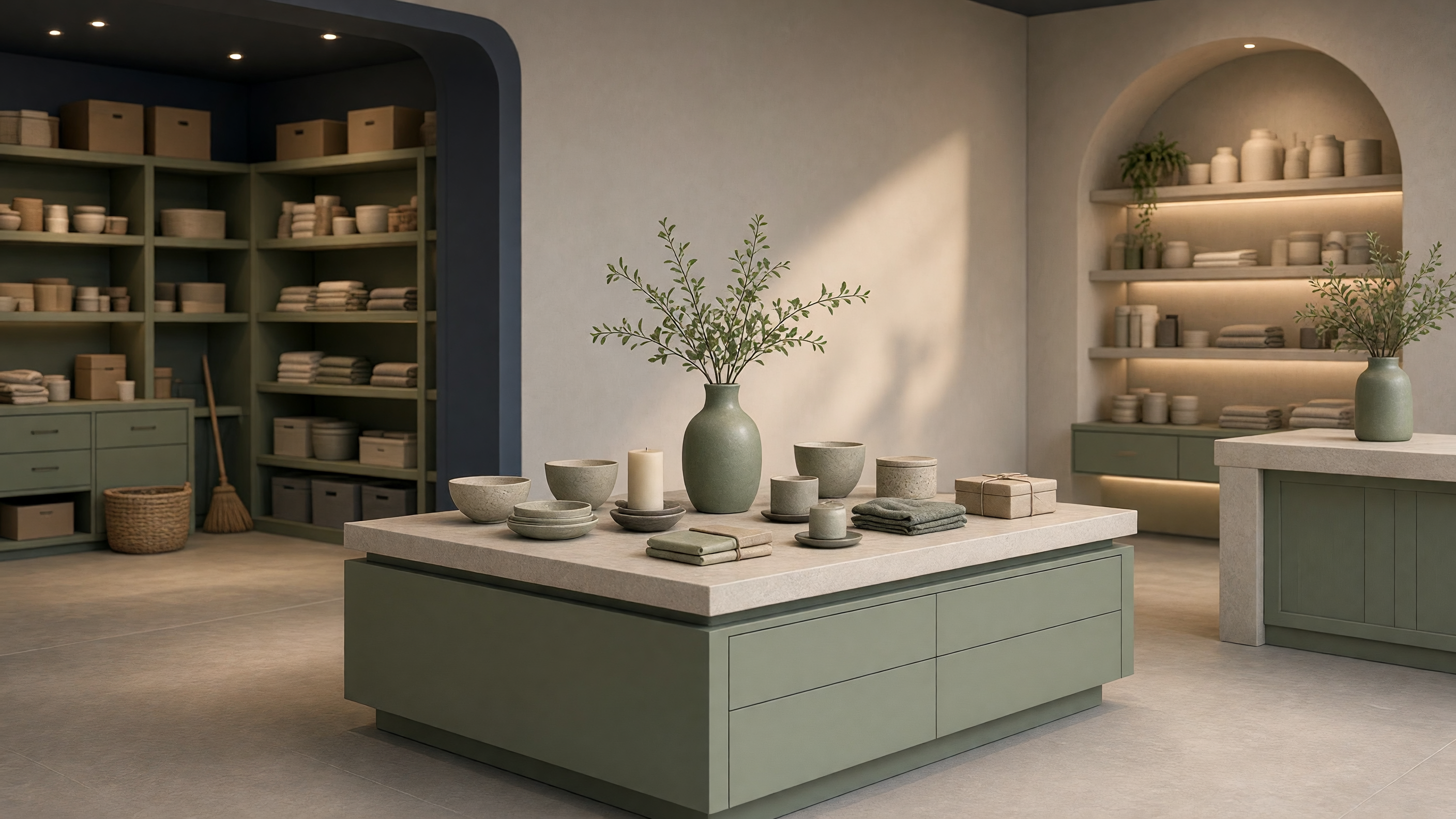 AI-generated article cover: Synthetic boutique interior with sage fixtures, ceramic bowls, green vase with branches, candles and folded textiles on a central island under soft lighting.