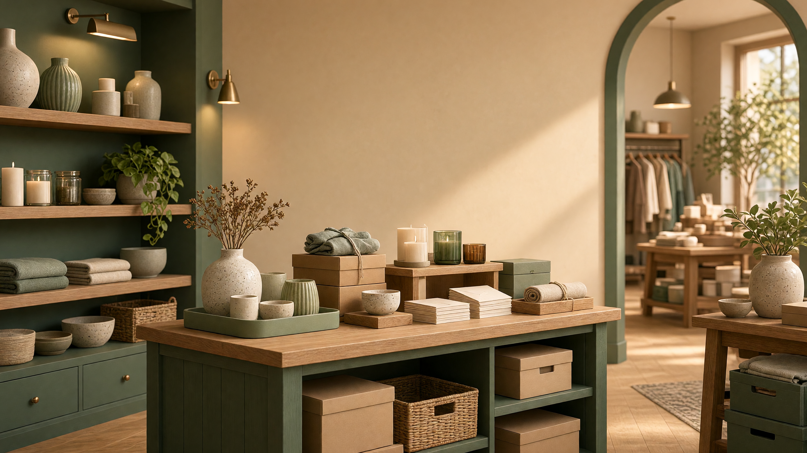 AI-generated article cover: Synthetic boutique interior with green shelving, wooden counter of unbranded ceramics, candles, boxes, towels, and gifts, arched view to clothing racks.