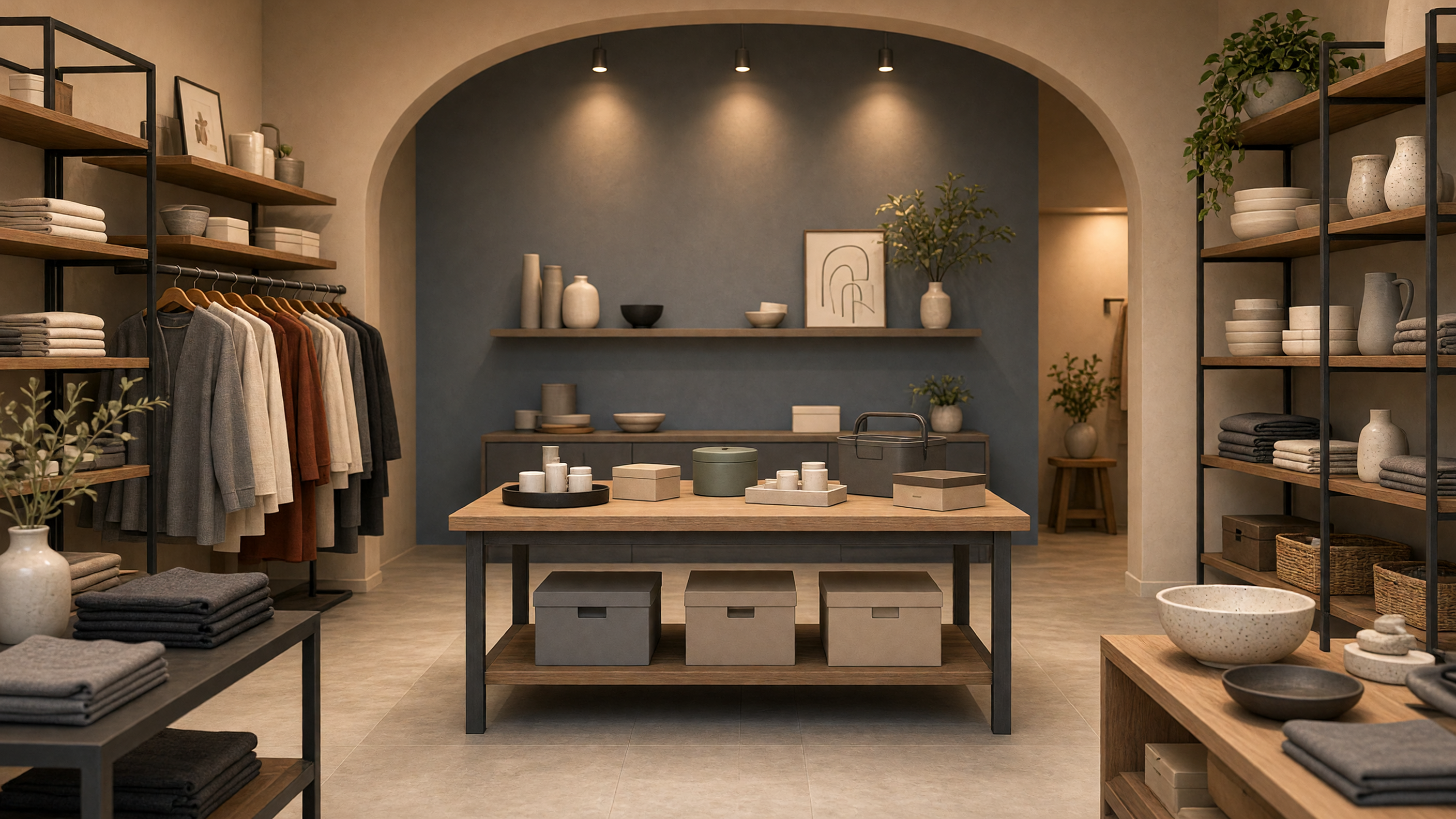 AI-generated article cover: Stylized synthetic boutique interior with unbranded apparel racks, ceramic shelves, decor, and a central table of plain boxes under warm editorial lighting.