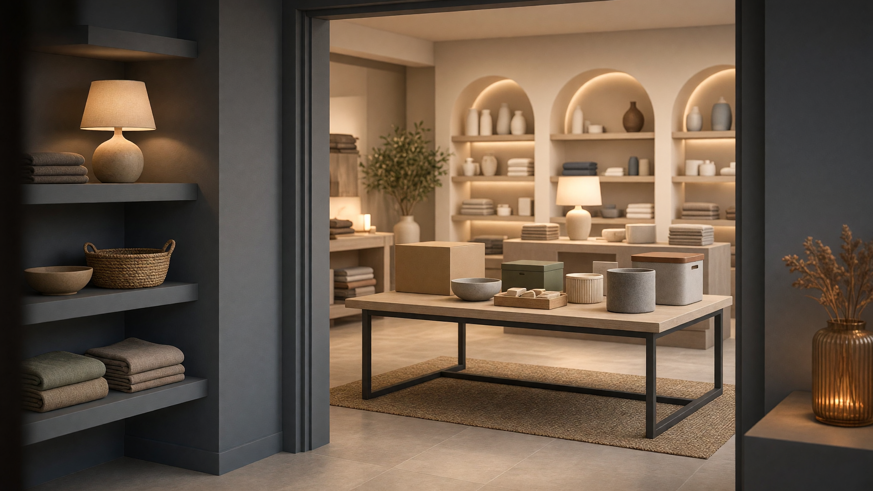 AI-generated article cover: Wide synthetic editorial view through a doorway into a boutique with shelves of unbranded towels, ceramics, lamps, baskets, and plain boxes on a central table.