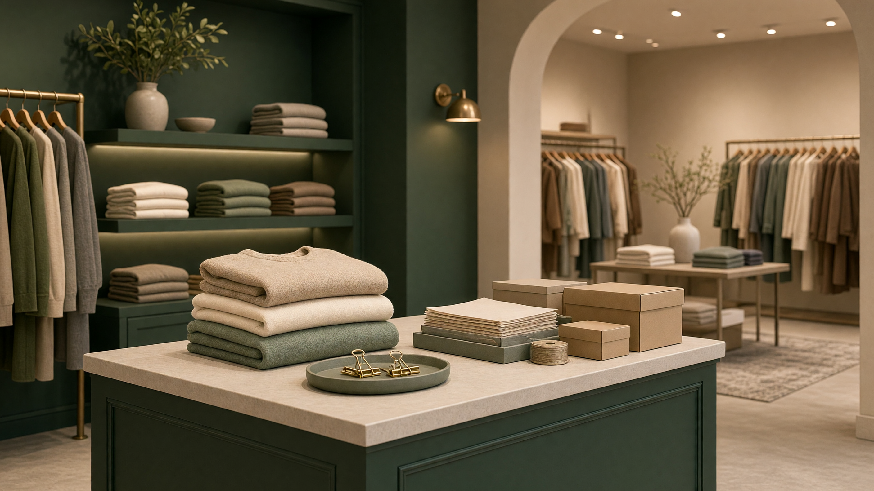 AI-generated article cover: Synthetic boutique interior with folded neutral sweaters, plain boxes, and unbranded garments on racks under warm lighting.