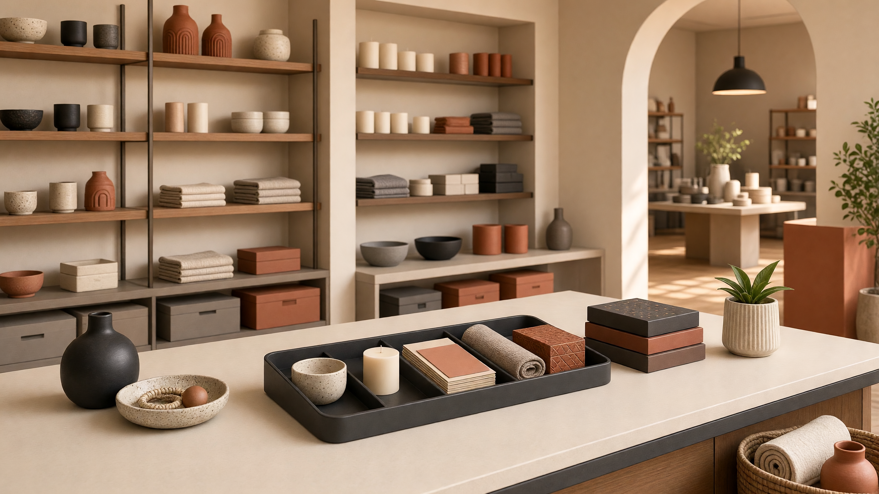 AI-generated article cover: Synthetic boutique interior with ceramics, candles, towels, and gift boxes on shelves and a tidy counter tray under soft editorial lighting.