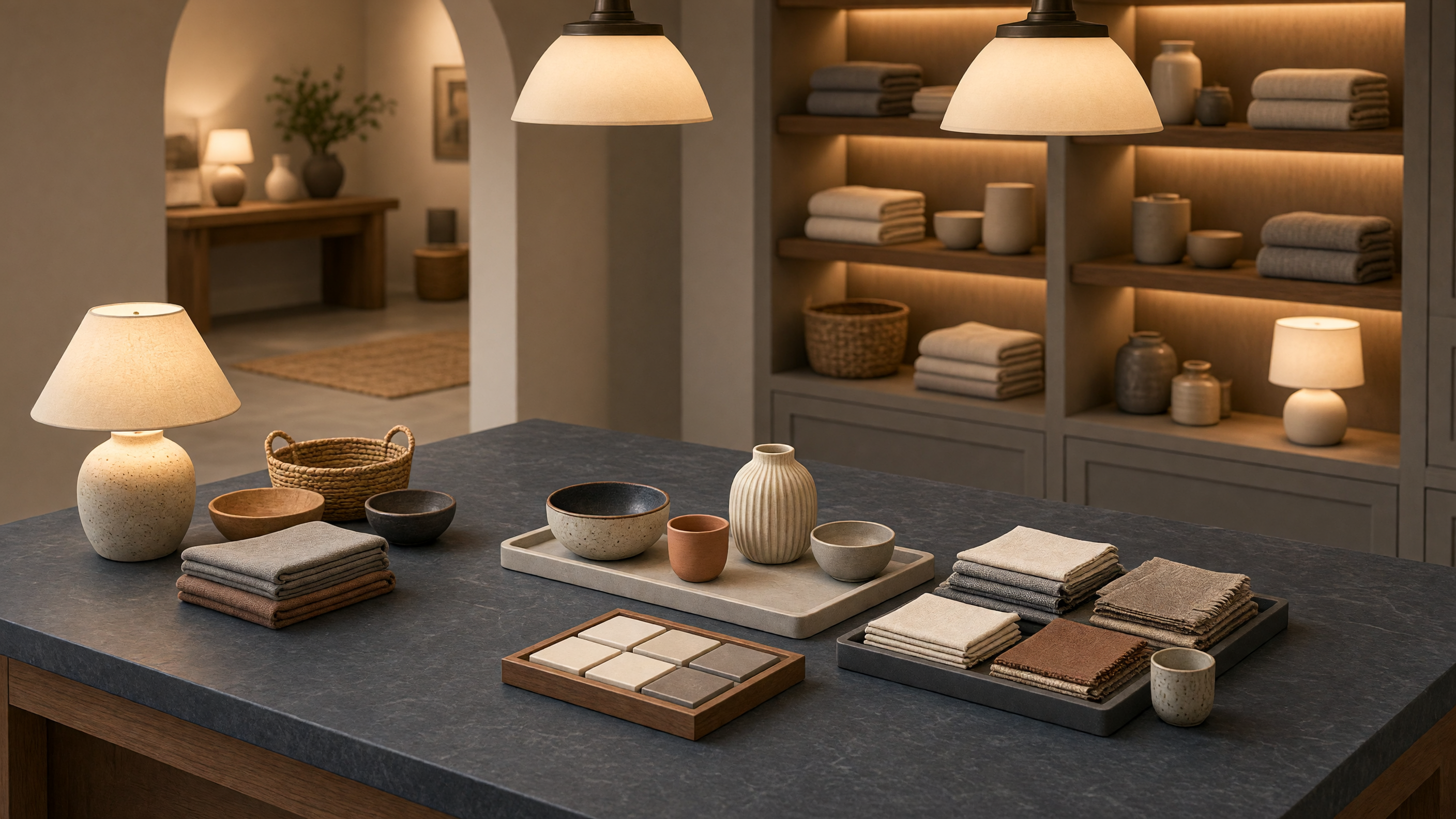AI-generated article cover: Warm boutique counter still life with unbranded lamps, stacked textiles, ceramics, trays, and lit shelves in a tidy empty home-decor shop interior.