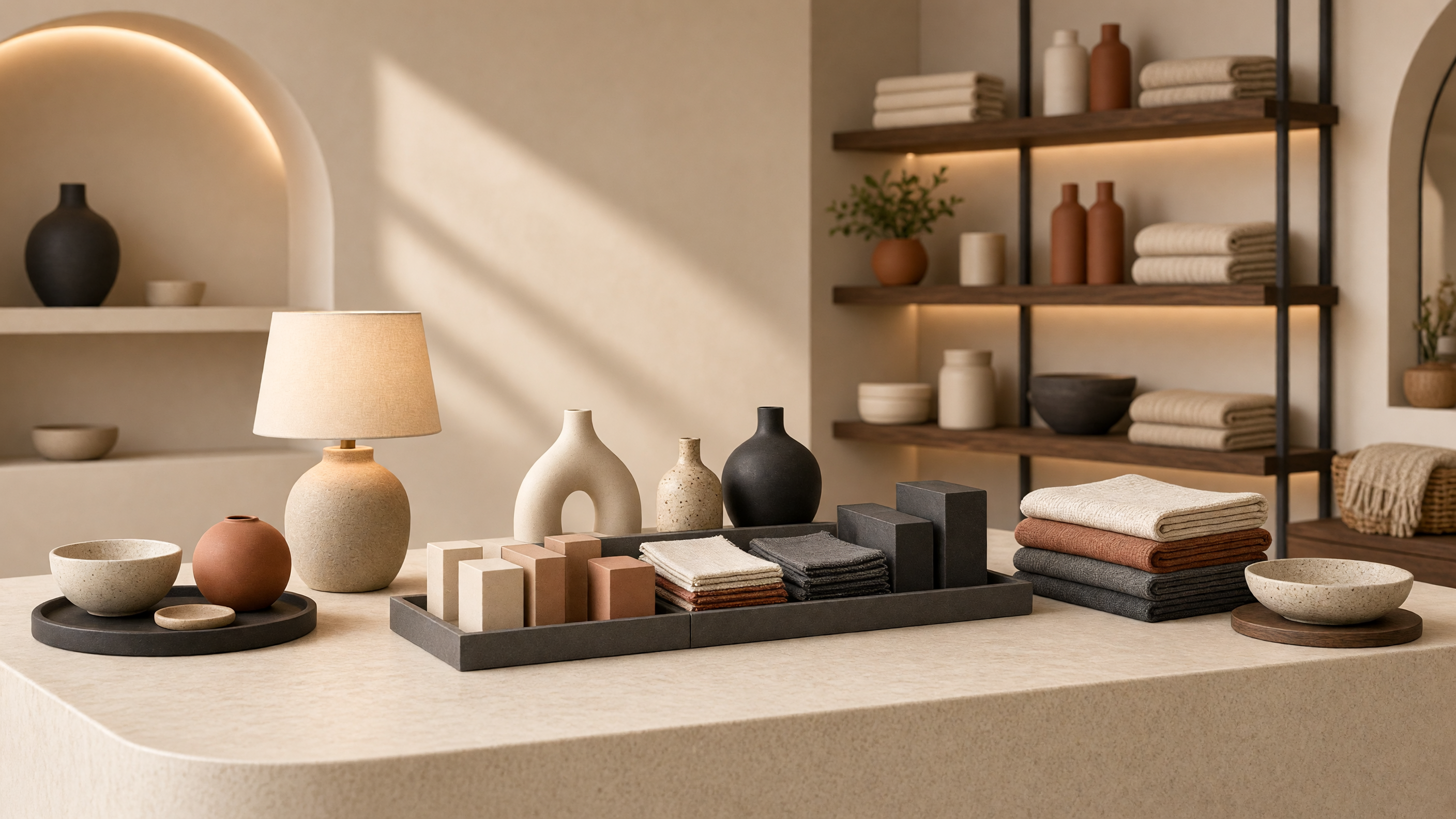 AI-generated article cover: Synthetic editorial still life of unbranded ceramics, lamp, folded textiles, and trays on a cream boutique counter with shelving behind.