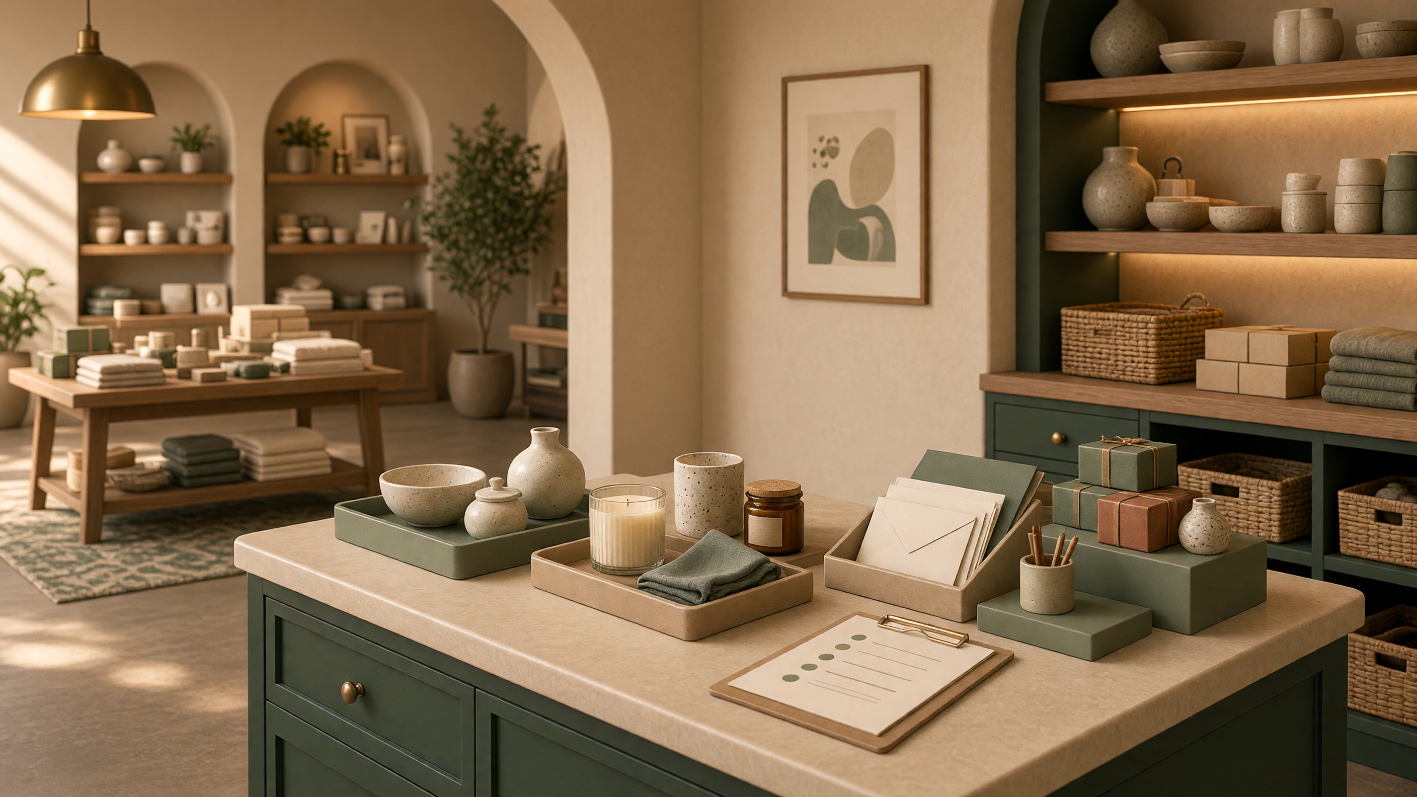 AI-generated article cover: Synthetic boutique interior with green counter displaying unbranded ceramics, candles, stationery stacks, gifts, and a blank checklist clipboard under warm lighting.