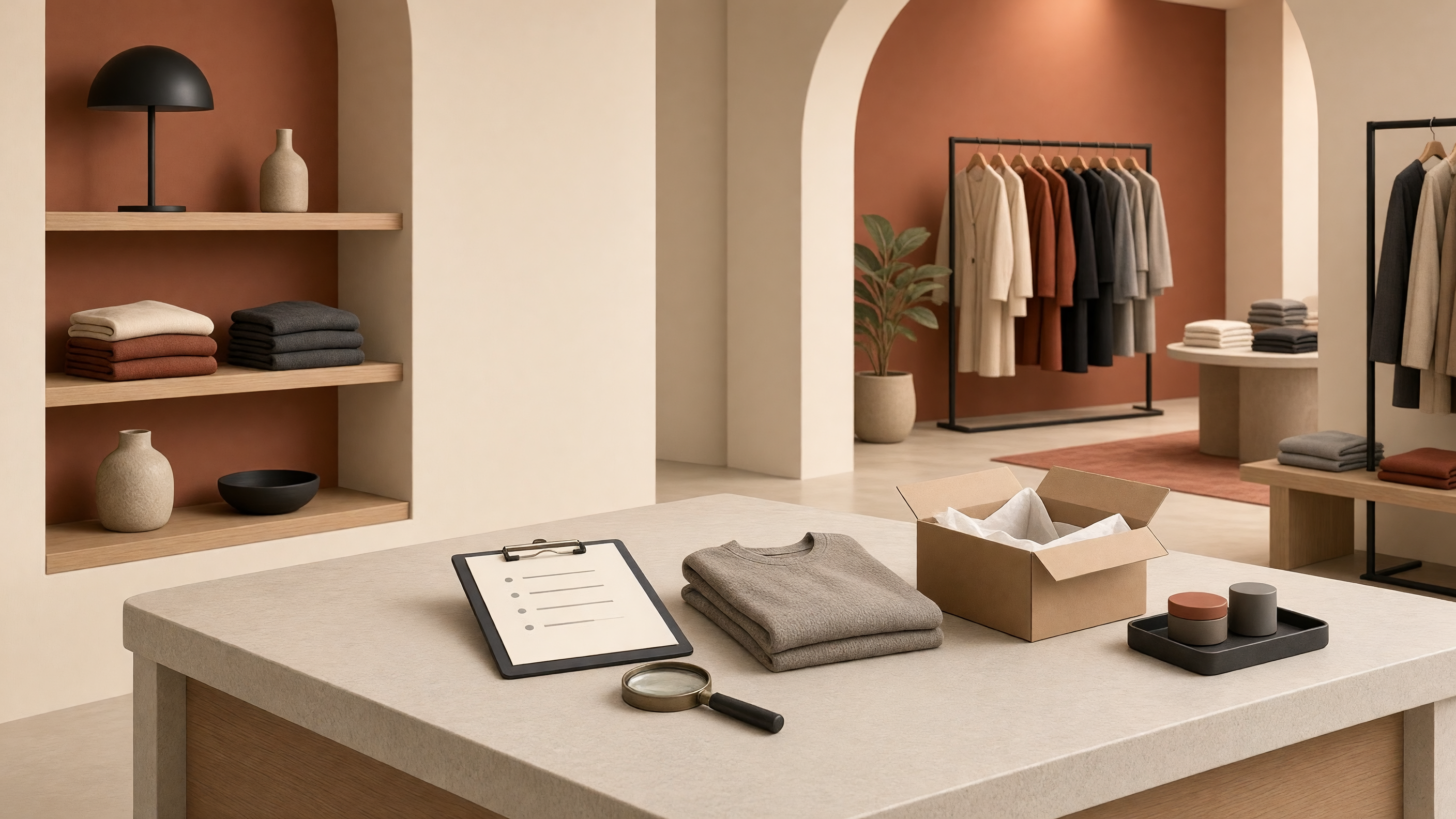 AI-generated article cover: Synthetic boutique interior with counter packing station, folded sweater, open plain box, checklist clipboard, racks of unbranded garments, and shelves.