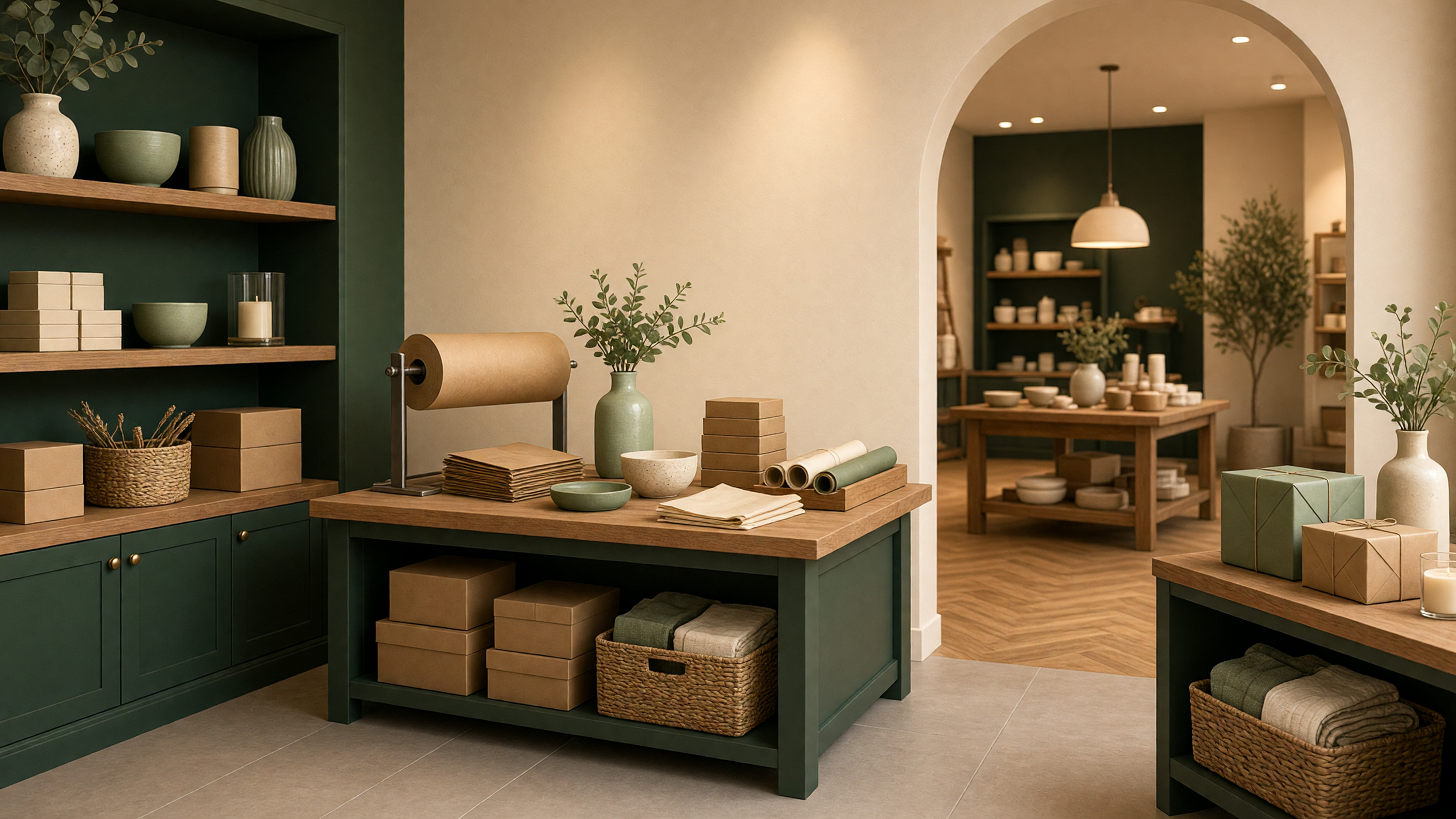 AI-generated article cover: Stylized synthetic boutique interior with green fixtures, packing station, plain boxes, ceramics, and an arched view into a gift shop floor.