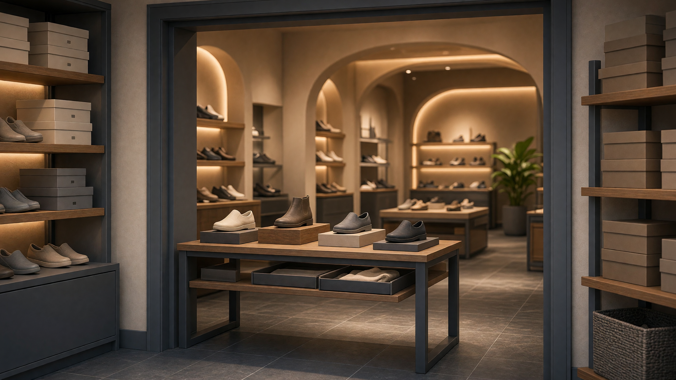 AI-generated article cover: Wide synthetic editorial view through a doorway into a tidy unbranded footwear boutique with generic shoes on a central table and shelved boxes under warm lighting.