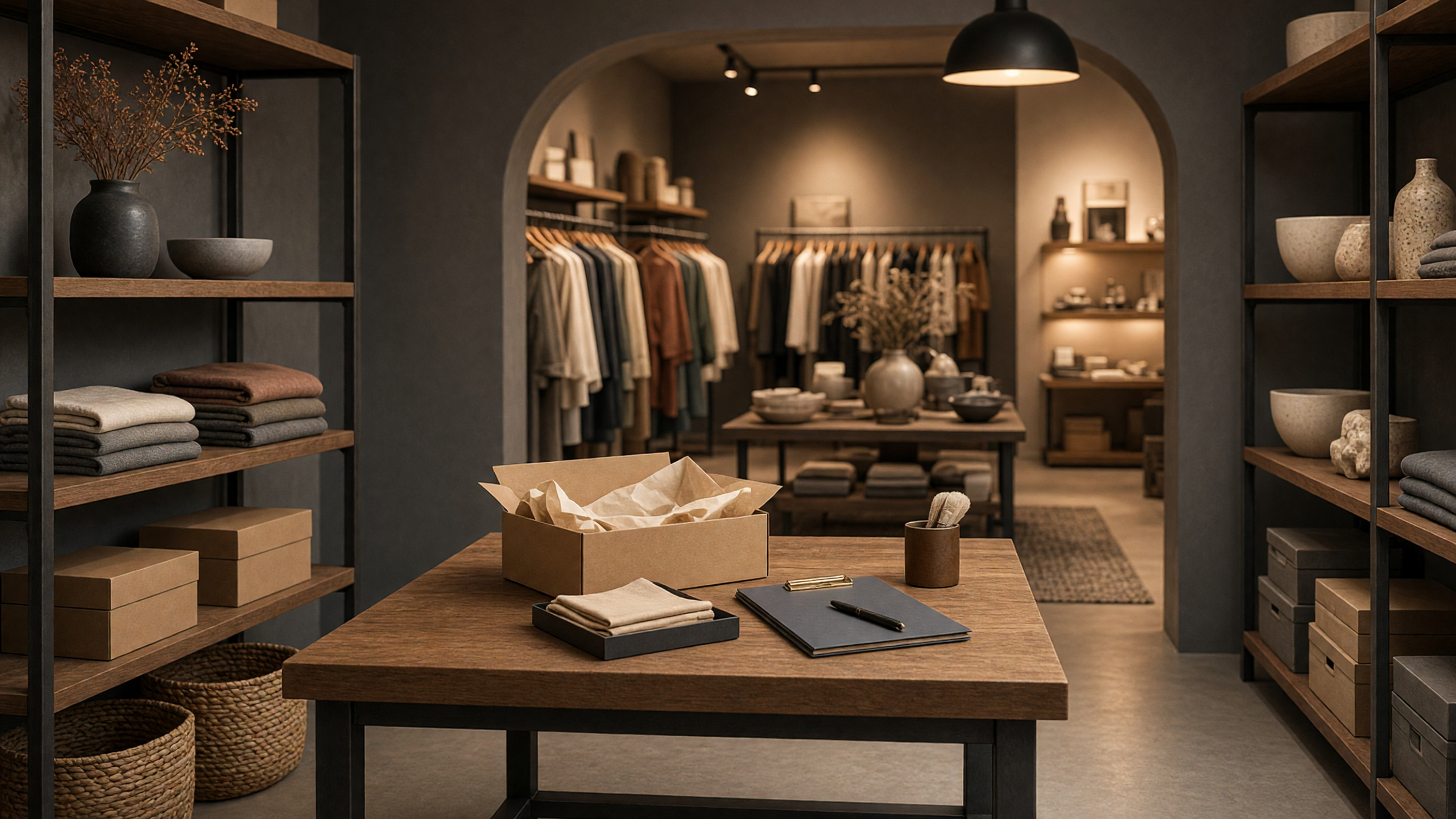 AI-generated article cover: Synthetic boutique interior with wooden packing table, open plain carton, folded cloths, clipboard, shelves of ceramics and textiles, and clothing racks beyond an arch.
