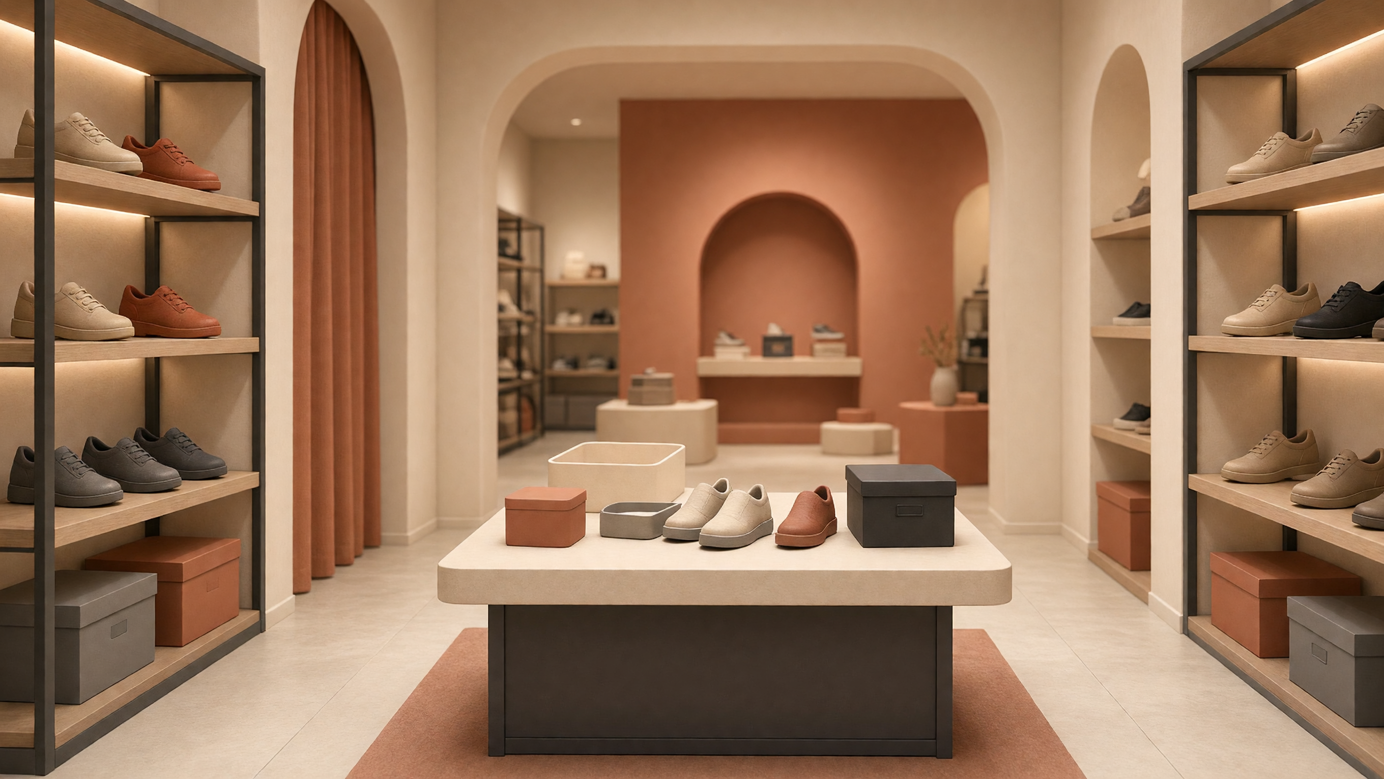 AI-generated article cover: Synthetic editorial view of a tidy independent shoe boutique aisle with unbranded sneakers on lit shelves and plain boxes on a central display table.