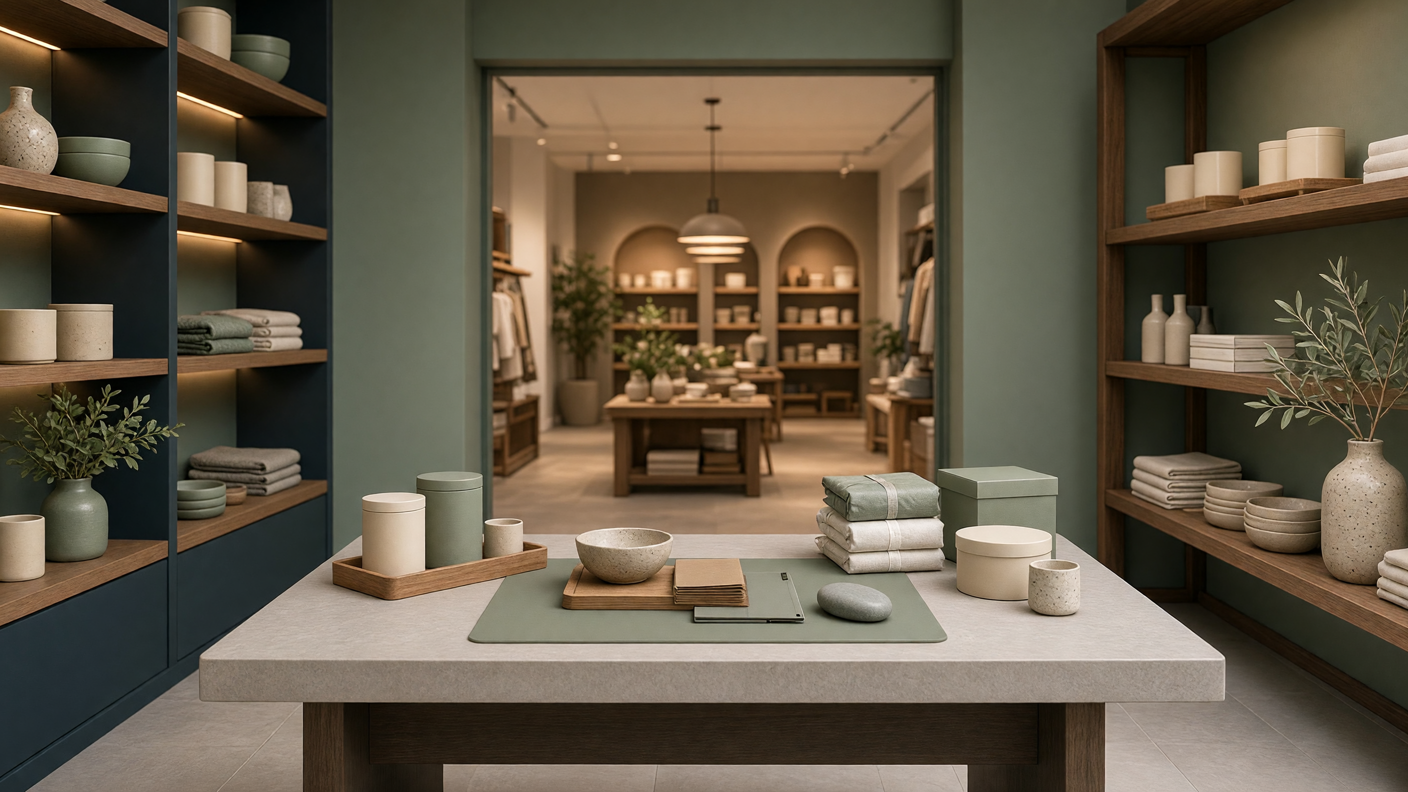 AI-generated article cover: Synthetic editorial view of an empty boutique aisle with a tidy foreground table of unbranded ceramics, towels, and plain containers amid sage shelving.