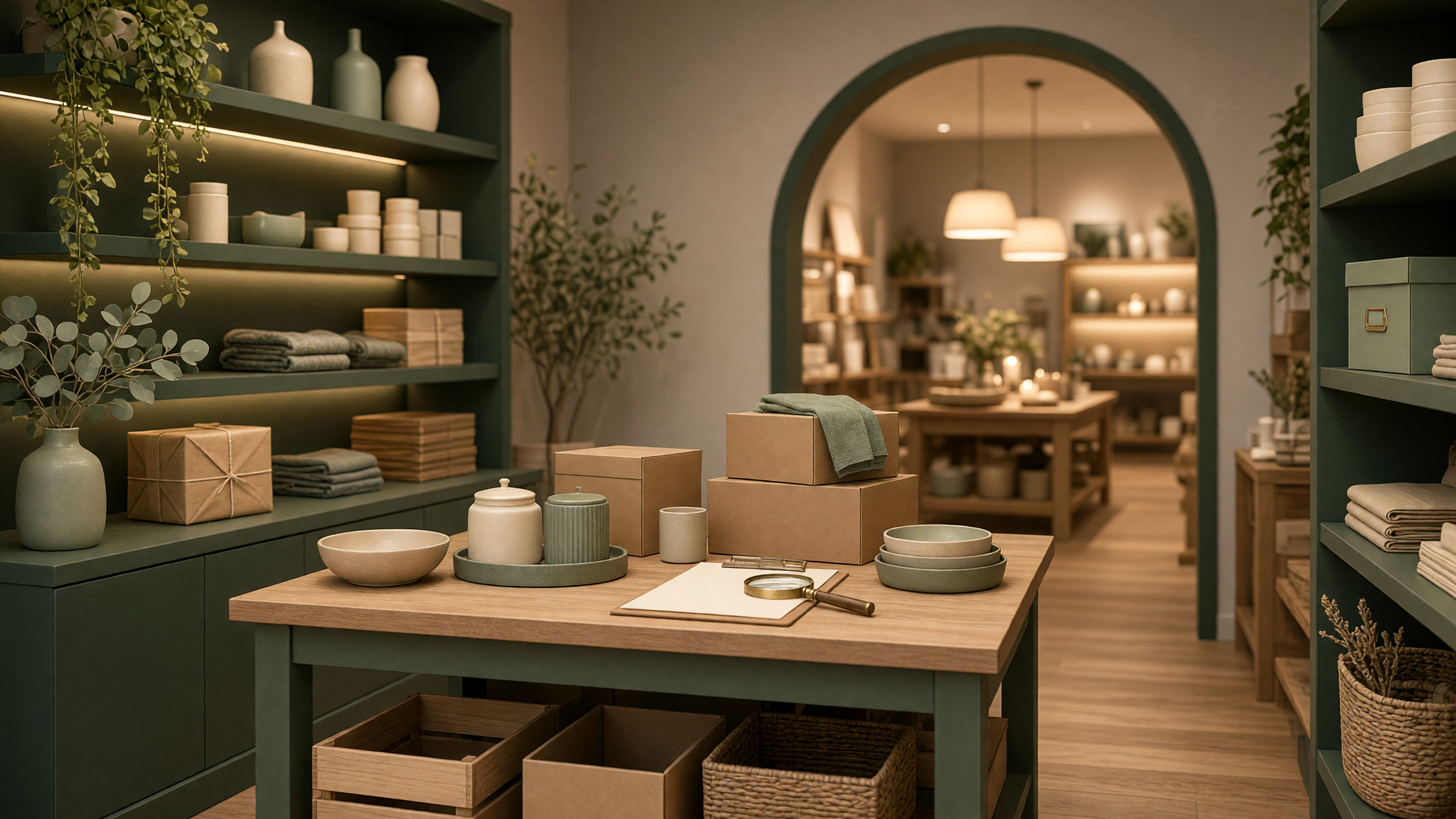 AI-generated article cover: Synthetic boutique interior with green shelves of ceramics and linens, a wooden table holding plain boxes, bowls, and a magnifying glass, arched view to shop floor.