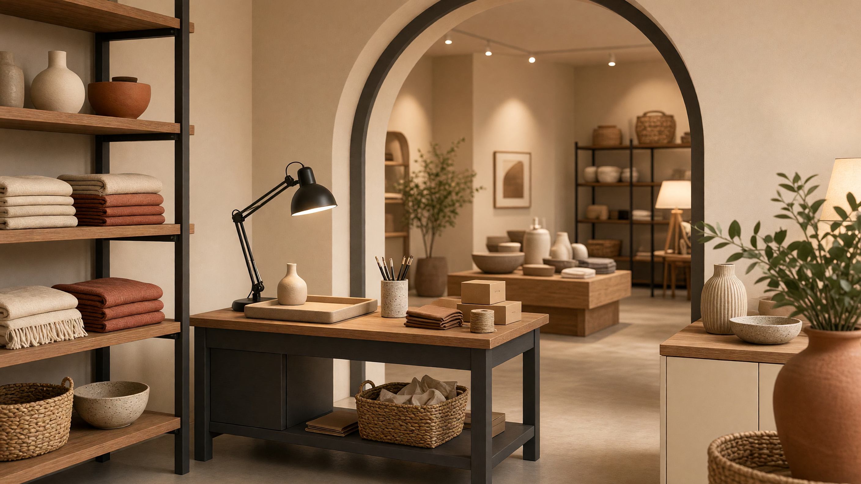 AI-generated article cover: Synthetic boutique interior with wooden shelves of folded textiles and ceramics, a packing table with lamp and plain boxes, and arched view into a lit home-decor shop floor.