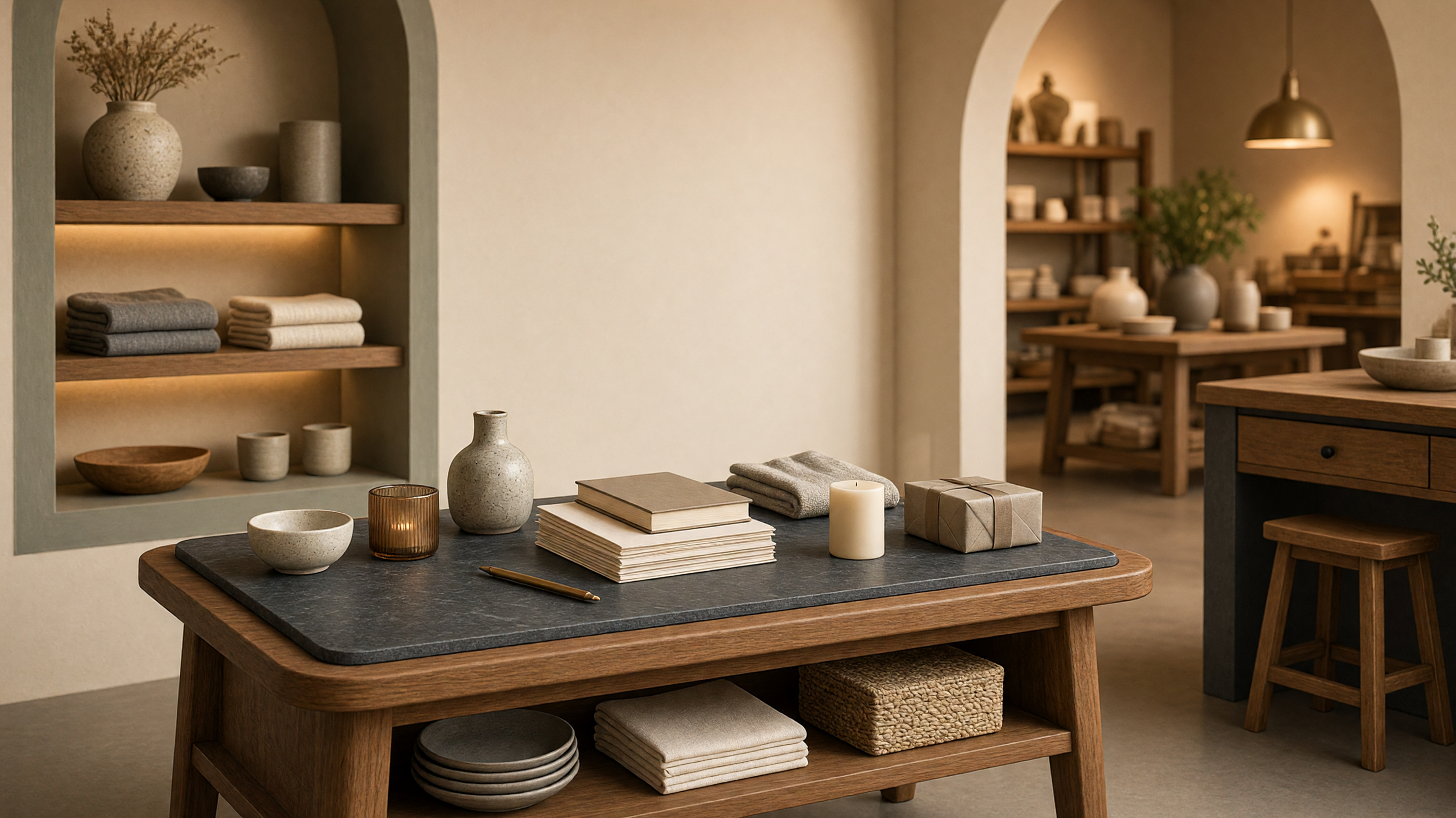 AI-generated article cover: Synthetic boutique still life with unbranded ceramics, towels, books, candle and gift on a wooden table plus empty shelves and arches.